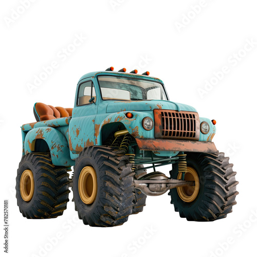 Close-up of a blue truck with large tires set against a transparent background, emphasizing ruggedness and power