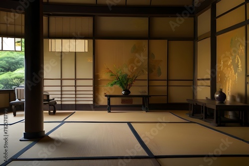 Opulent Vintage Japanese Room: Gold Byobu Style Decorated Walls, Traditional Elegance and Luxury