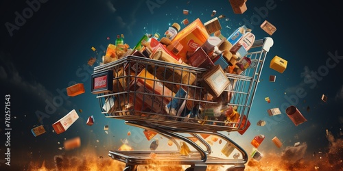 Shopping cart overflowing with discounted items, concept of Retail therapy © koldunova