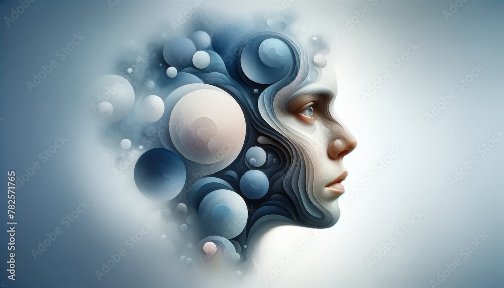 Abstract conceptual art of a female profile with spheres, representing the fluid nature of thoughts and the multi-layered dimensions of the human mind and consciousness Abstract conceptual art of a female profile with spheres, representing the fluid nature of thoughts and the multi-layered dimensions of the human mind and consciousness