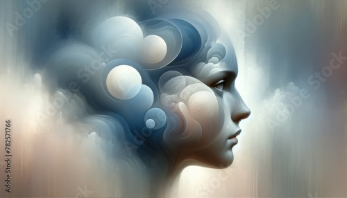 Softly blended portrait of a female profile surrounded by gentle spheres, embodying the fluidity and interconnectedness of thoughts and emotions