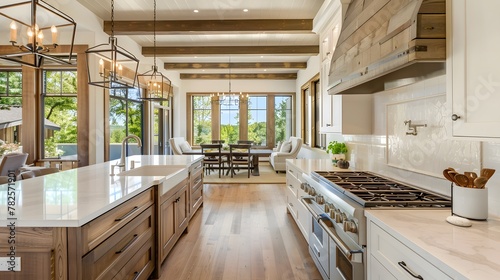 Traditional kitchen in beautiful new luxury home with hardwood floors, wood beams, and large island quartz counters. Includes farmhouse sink, elegant pendant lights, and large windows. photo