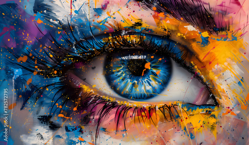 Abstract painting of an eye with long eyelashes, colorful, beautiful, in the style of graffiti photo