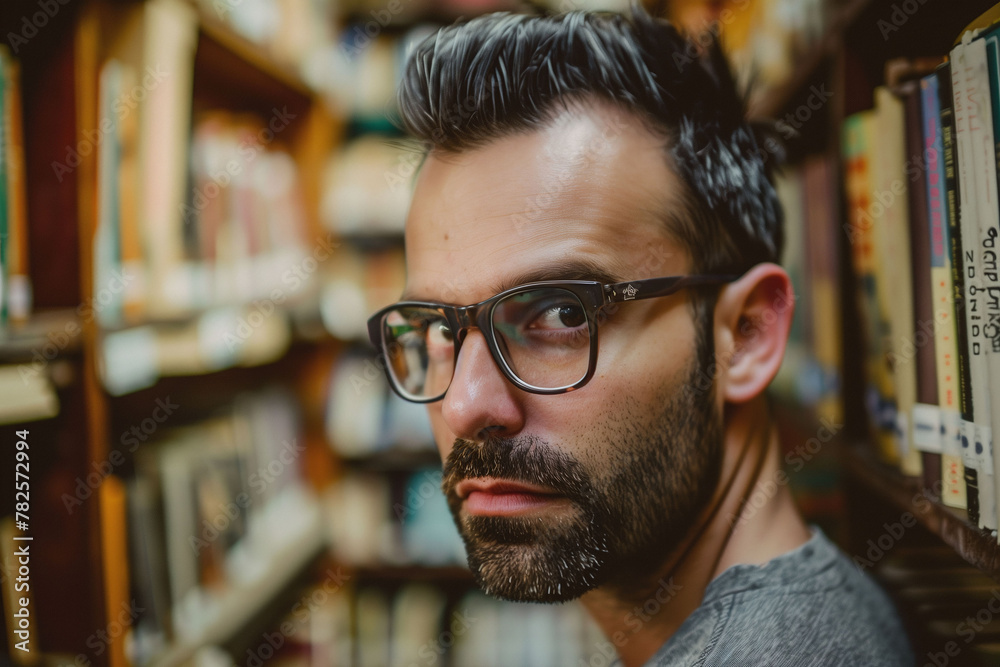 Close-Up of Man with Glasses in Bookstore