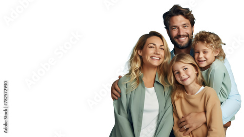 Radiant Family Bliss: Capturing the Joy of Parenthood with a Beaming Couple Embracing Their Two Cherished Children in a Heartwarming Portrait - PNG Cutout Adorned on a Transparent Backdrop