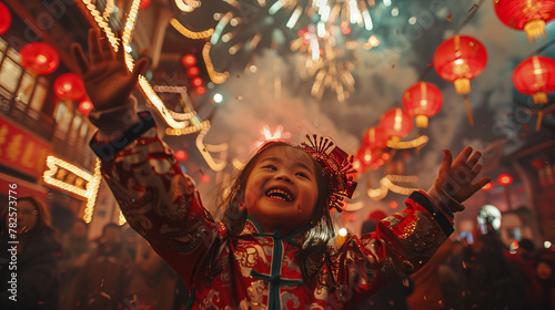 A young girl joyfully celebrates Chinese New Year  with lanterns and fireworks illuminating the background.