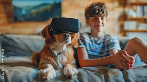 A young boy and his dog engage with technology using a virtual reality headset.
