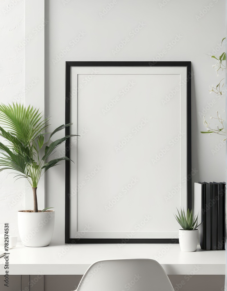 Close-up frame mockup in workspace interior, 3d rendering Close-up frame mockup in workspace interior, 3d rendering