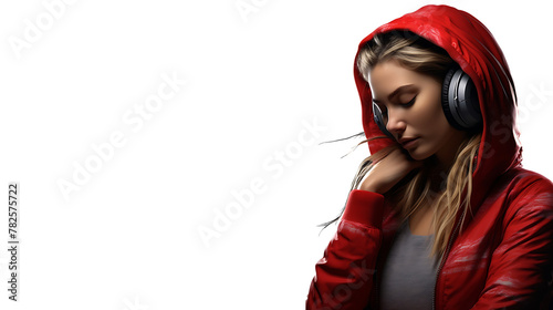 Melodic Bliss: A Serene Moment Captured - A Girl Embraces the Rhythm in a Scarlet Hoodie, Immersed in Music Through Her Headphones - PNG Cutout Adorned on a Transparent Backdrop © Being Imaginative