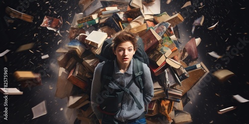 Student carrying heavy backpack with textbooks and notebooks spilling out -, concept of Organization photo