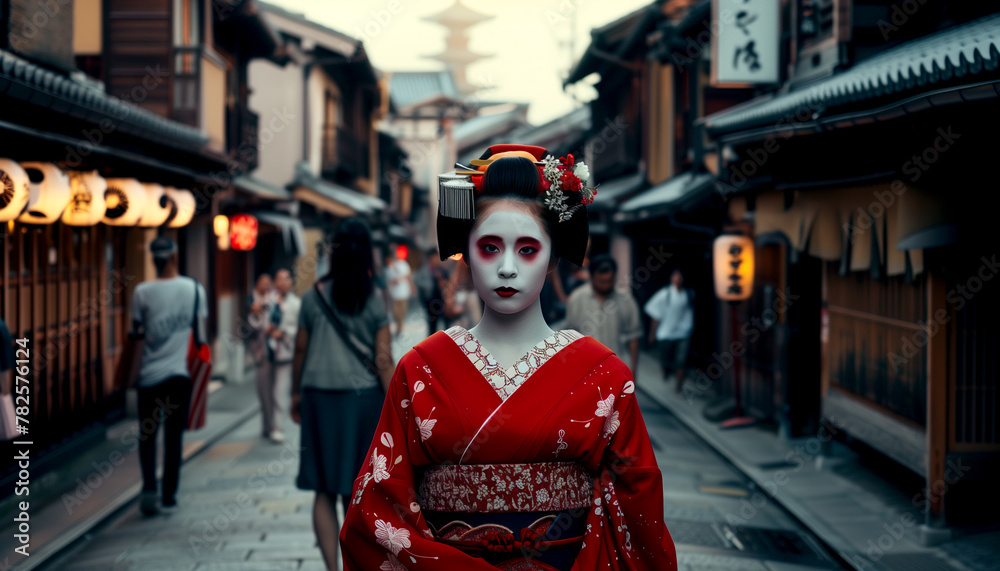 Geisha in a red kimono on a city street