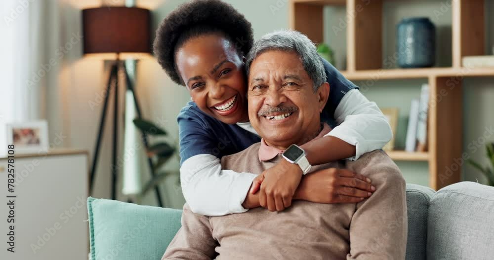 Living room, happy and nurse with hug for senior, old man and patient in home for retirement. Medical, woman and elderly male person with smile for healthcare, support and relax on sofa in house Living room, happy and nurse with hug for senior, old man and patient in home for retirement. Medical, woman and elderly male person with smile for healthcare, support and relax on sofa in house