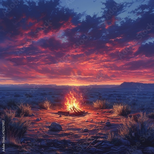 Desert Campfire with Crimson Sunset Backdrop