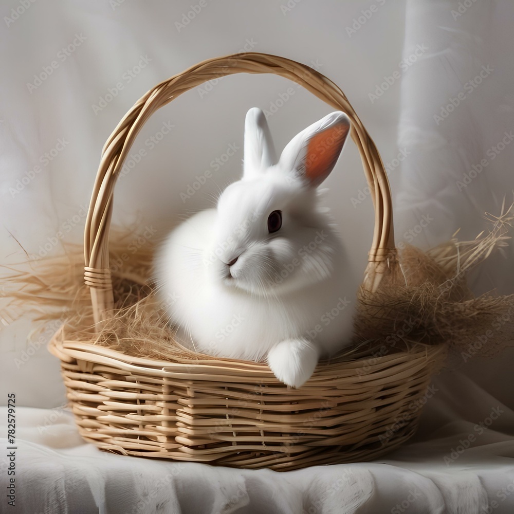 A fluffy white bunny with long ears, sitting in a basket of hay4