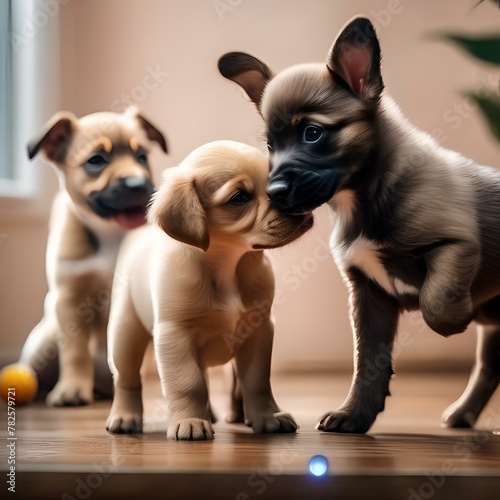 A group of puppies playing with a squeaky toy, tugging at it playfully4 photo