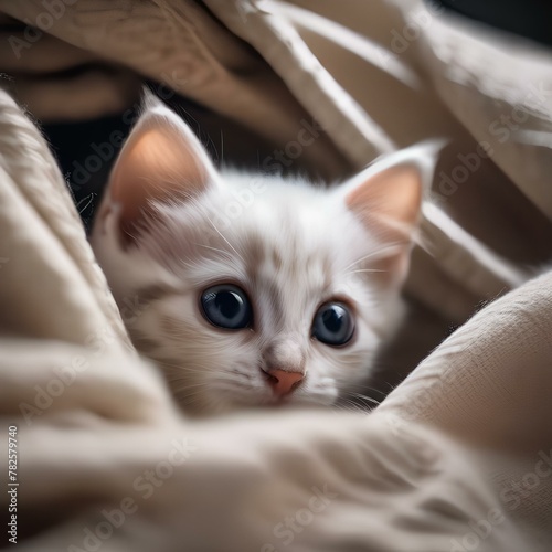 A curious kitten with big eyes, peeking out from under a pile of blankets4