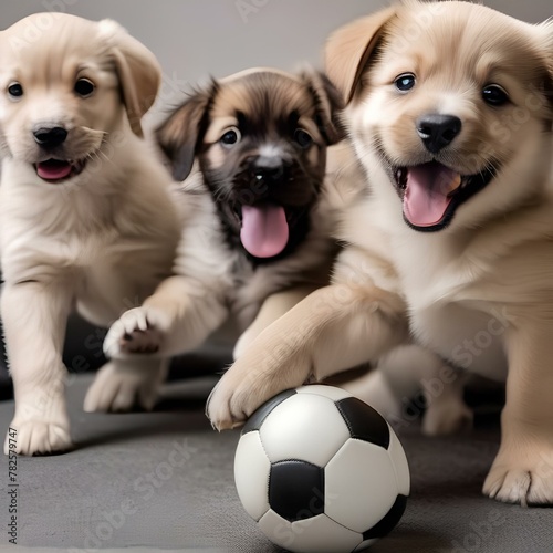 A group of puppies playing with a soccer ball, running around in circles1 photo