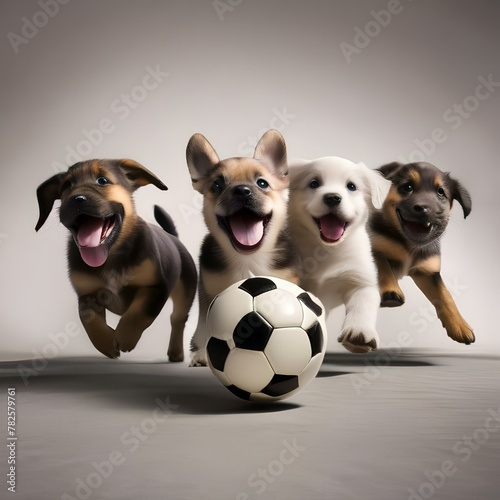 A group of puppies playing with a soccer ball, running around in circles5