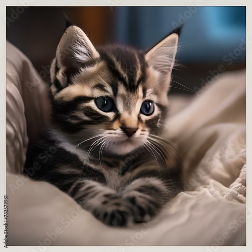 A sleepy kitten snuggled up in a cozy bed, with a tiny pillow under its head2 © Ai.Art.Creations