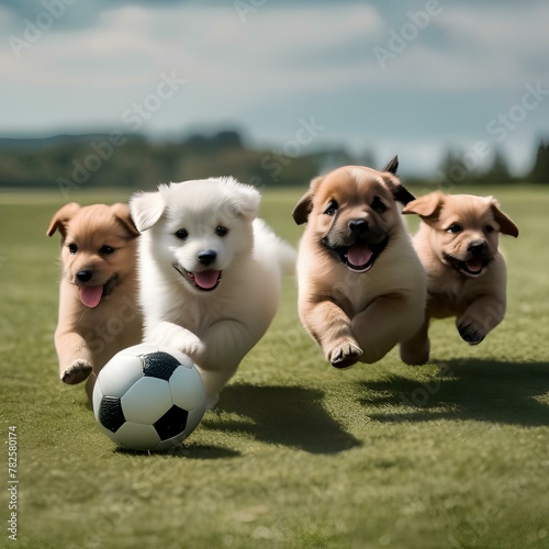 A group of puppies playing with a soccer ball, running around in circles4 photo