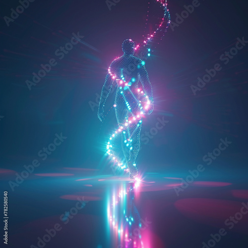 Illustration of dna and human being originated blue highlight colors. Generative AI. photo