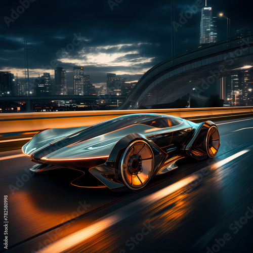 A futuristic car speeding down a highway. © Cao