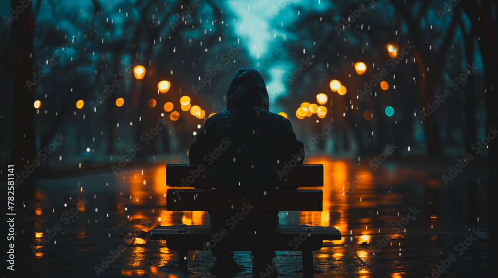 A person is sitting on a bench in the rain A person is sitting on a bench in the rain