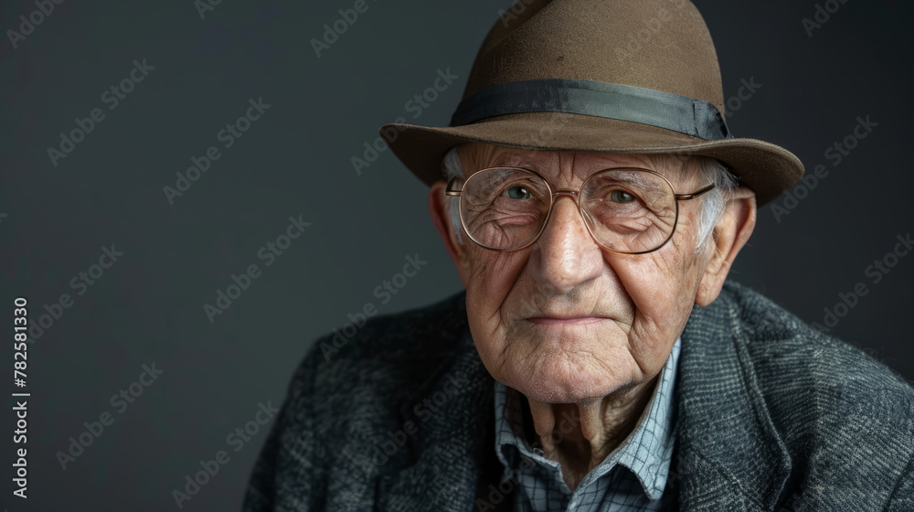 Portrait of an Elderly Man with a classic hat on Gray Studio Background. Portrait of an Elderly Man with a classic hat on Gray Studio Background.
