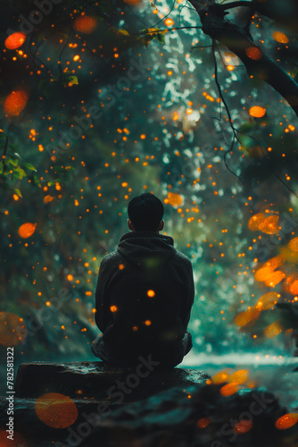 A man sits on a rock in a forest, surrounded by water and glowing lights © Anek