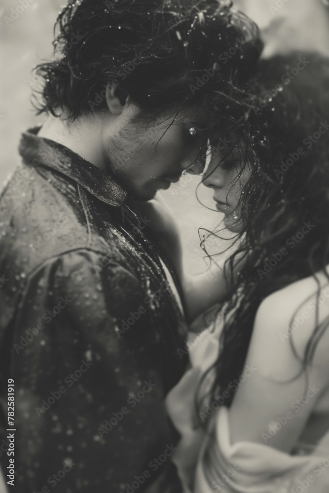 A man and woman are embracing each other in the rain A man and woman are embracing each other in the rain