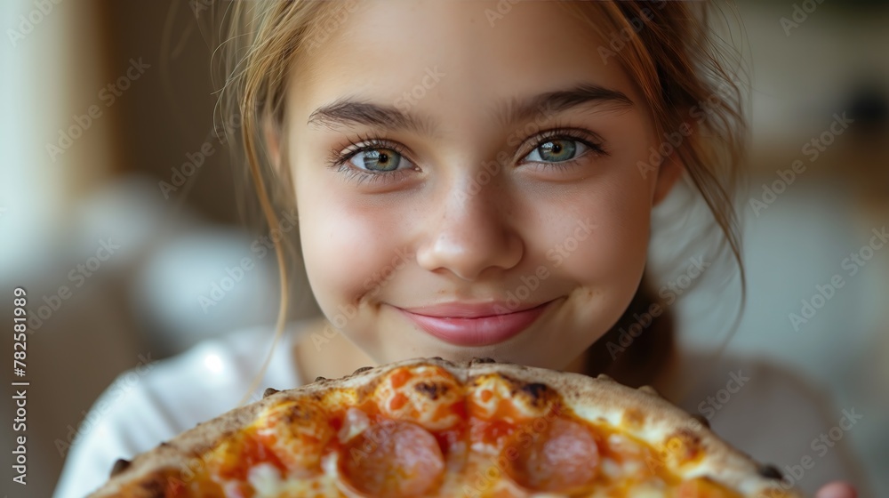 Smiling Girl Holding a Pepperoni Pizza Smiling Girl Holding a Pepperoni Pizza