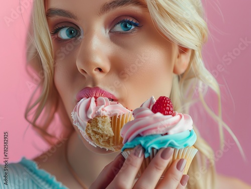 Close-up portrait of a young blond girl with a cupcake  looking at camera.