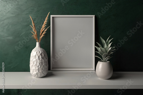 White empty wooden frame mock up,  Decorative marsh color wall with embossed panels. Dark green wall. Frame mockup. 3d rendering