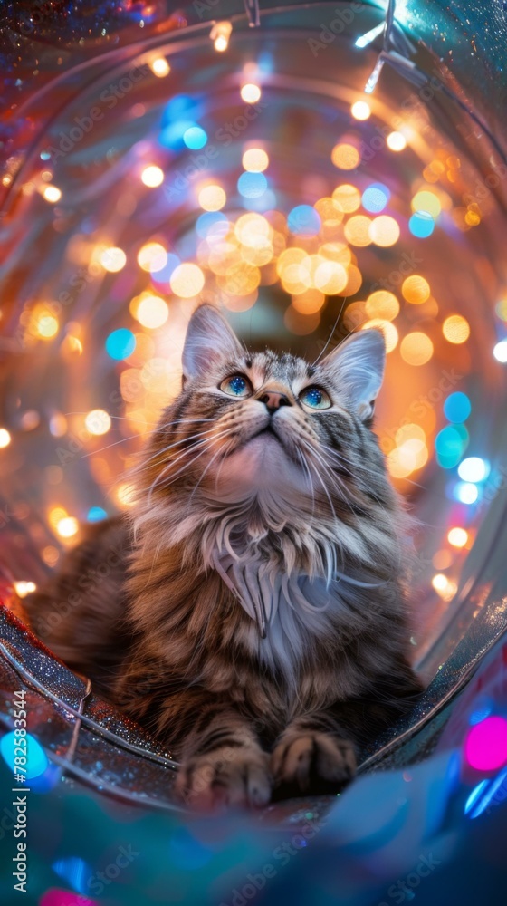 A cat sitting in a round tube with lights around it. Generative AI.