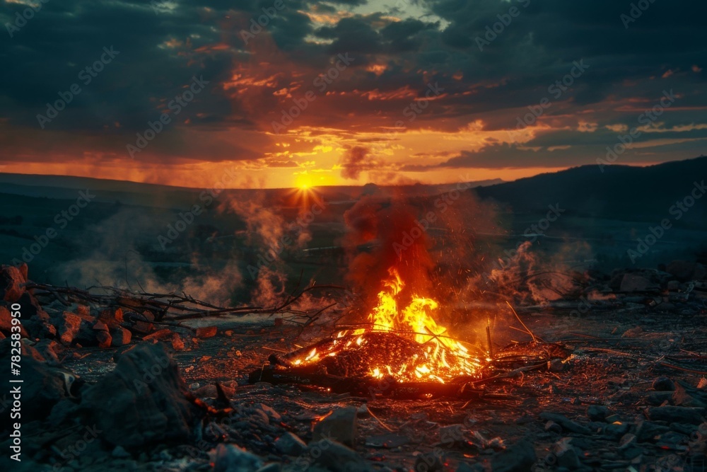 A fire is burning in the middle of a rocky field. Generative AI. A fire is burning in the middle of a rocky field. Generative AI.