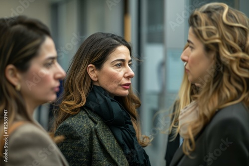 A group of three women standing next to each other talking.