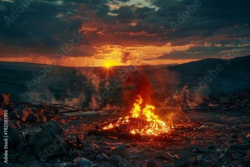 A fire is burning in the middle of a rocky field. Generative AI.