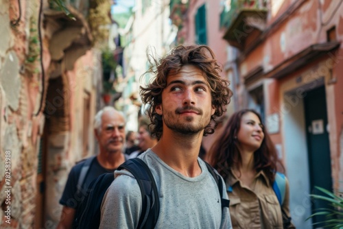 A group of people walking down a narrow alleyway with one man wearing headphones.