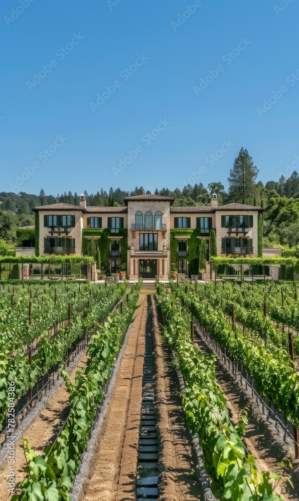 A large house with a vineyard in the background. Generative AI.