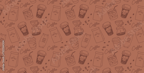 コーヒー、コーヒー豆の手書きイラストのシームレス背景素材 Coffee hand drawn seamless backgrounds clipart.