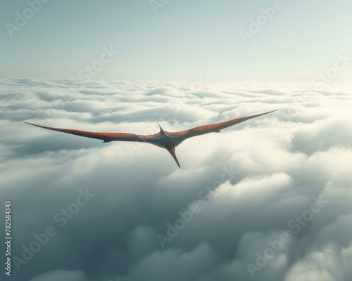 A large prehistoric bird flying through the clouds with a red tail. Generative AI.