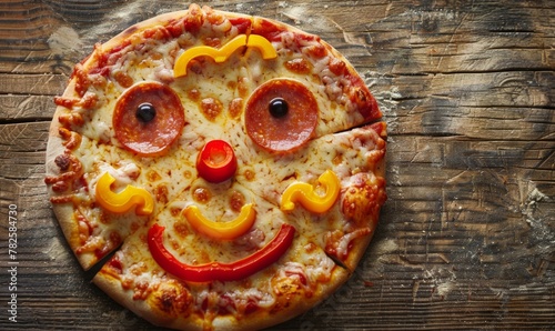 A pizza with a face drawn on it is sitting next to some peppers. Generative AI. photo