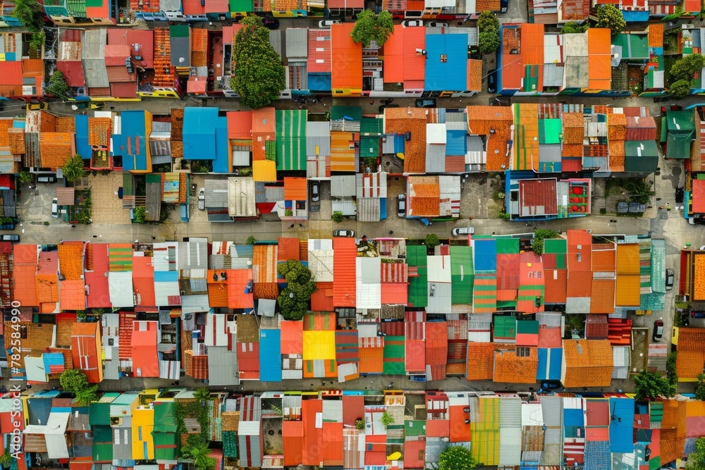 An aerial view of a city with colorful houses and trees. Generative AI.