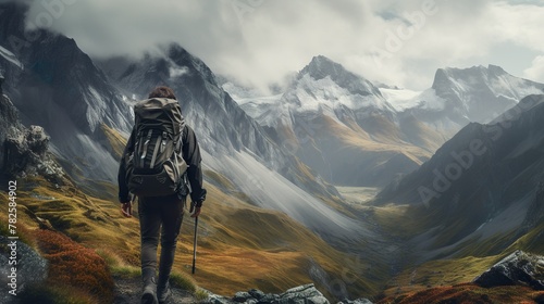 A hiker embarks on a trek through a dramatic and foggy mountain landscape, vastness ahead photo