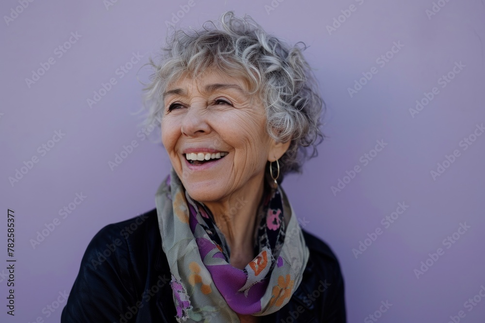 Portrait of a smiling senior woman with grey hair and a purple background Portrait of a smiling senior woman with grey hair and a purple background