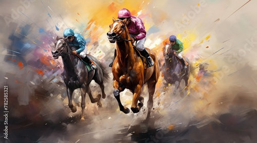Artistic rendering of horse race with jockeys, vividly captured using energetic splashes of color and movement photo