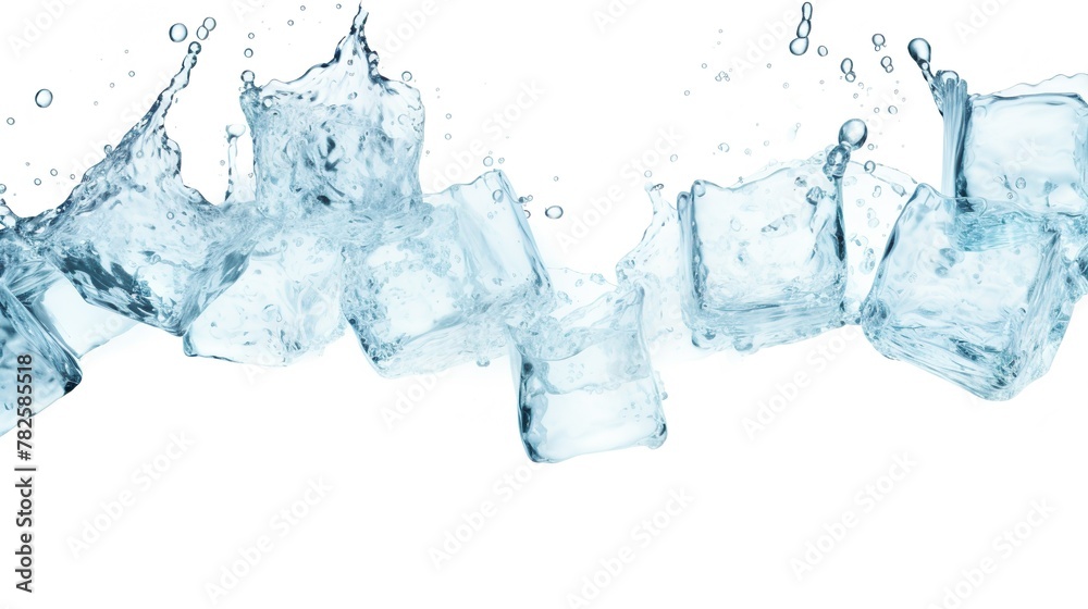 Dynamic capture of ice cubes plunging into water, creating a captivating splash and bubbles