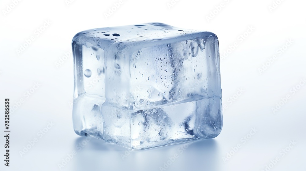Ideal ice cube with softened edges and transparent appearance on a white backdrop Ideal ice cube with softened edges and transparent appearance on a white backdrop