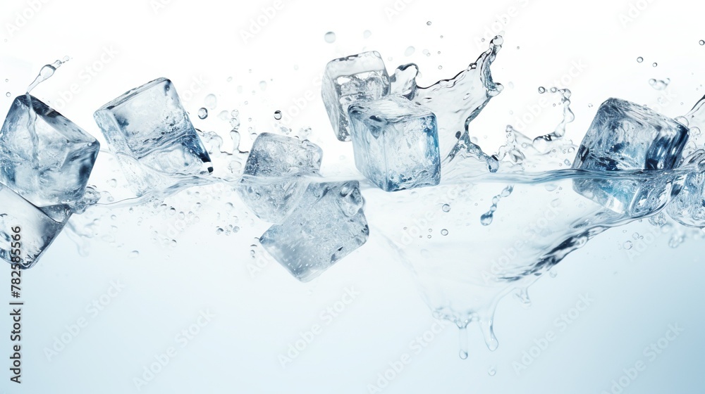 A lively depiction of several ice cubes tumbling through the air, splashing into water, symbolizing refreshment and energy A lively depiction of several ice cubes tumbling through the air, splashing into water, symbolizing refreshment and energy