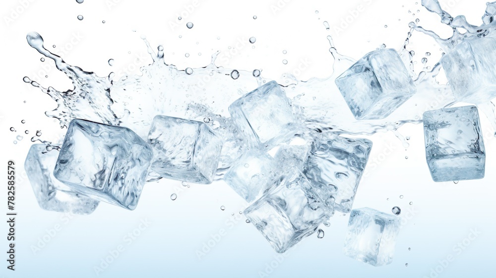 Crystalline ice cubes in a dynamic and refreshing mid-air collision with splashing water, conveying a sense of coolness and purity Crystalline ice cubes in a dynamic and refreshing mid-air collision with splashing water, conveying a sense of coolness and purity